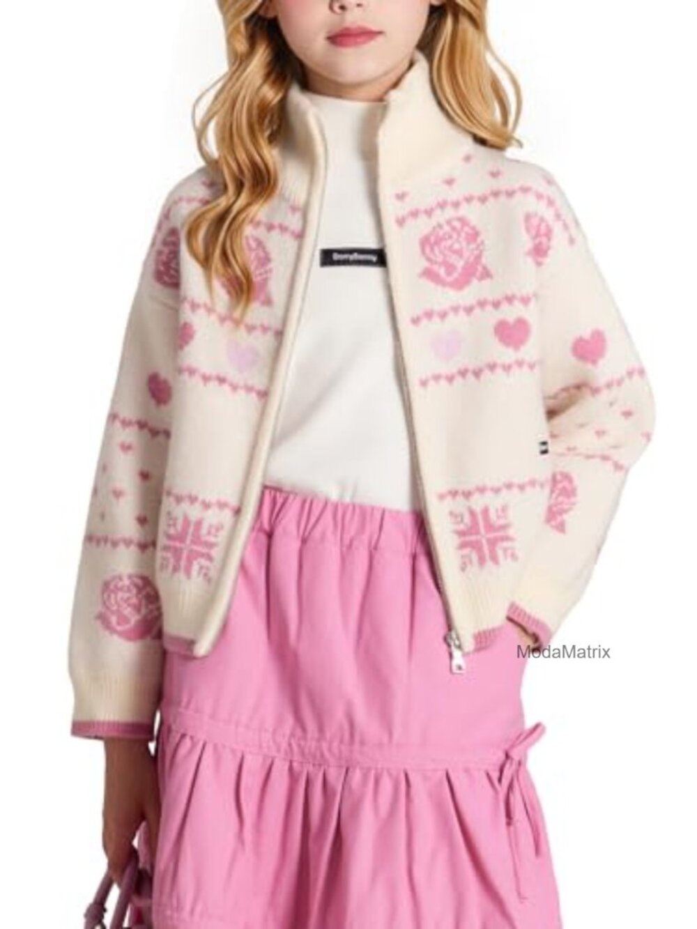 Girls Zip Up Cardigan Sweater Winter Knit Coat Rose Heart Design School Uniform